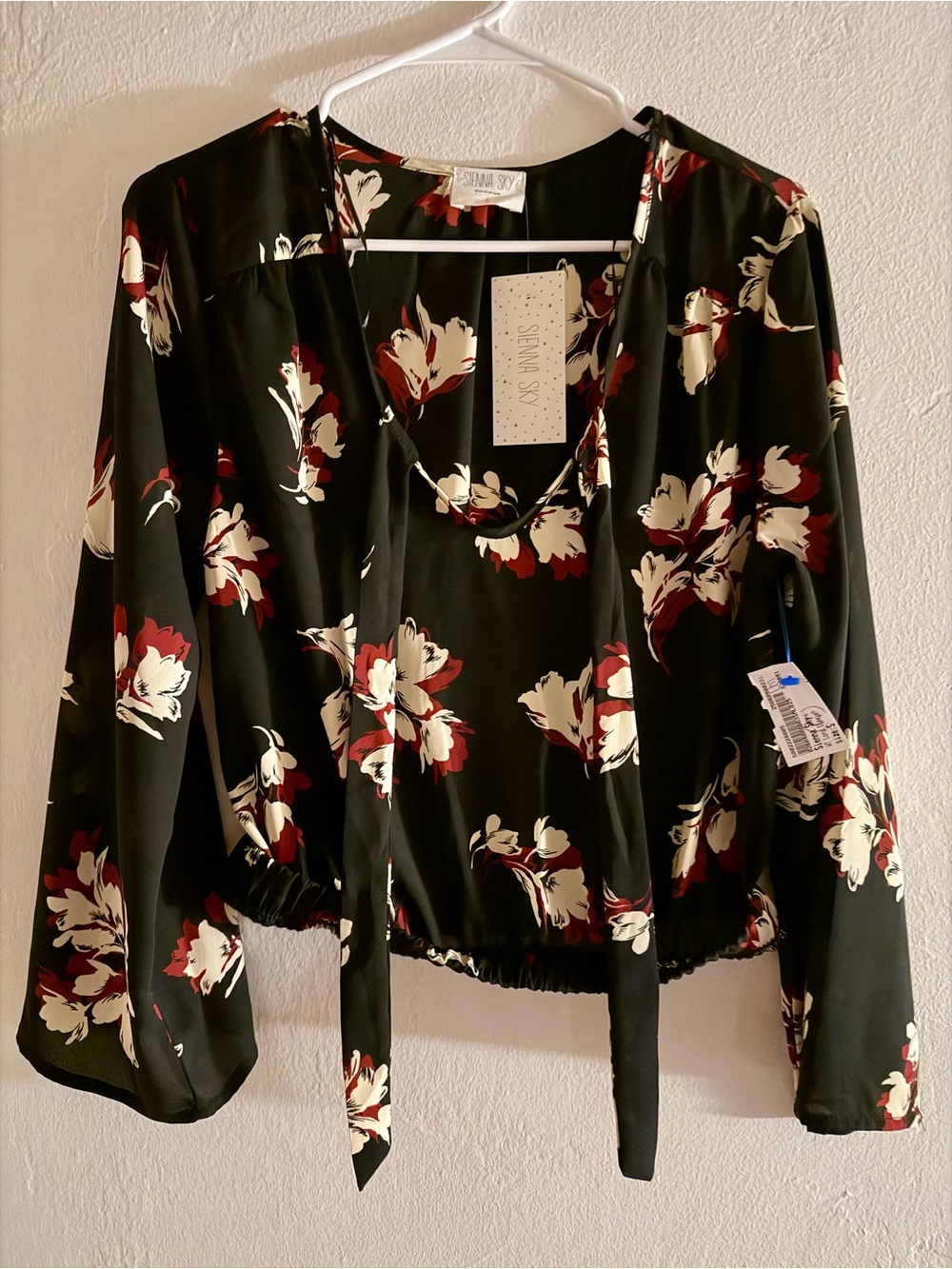 Sienna Sky Black Floral Tie-Neck Blouse with Ivory & Deep Red Flowers